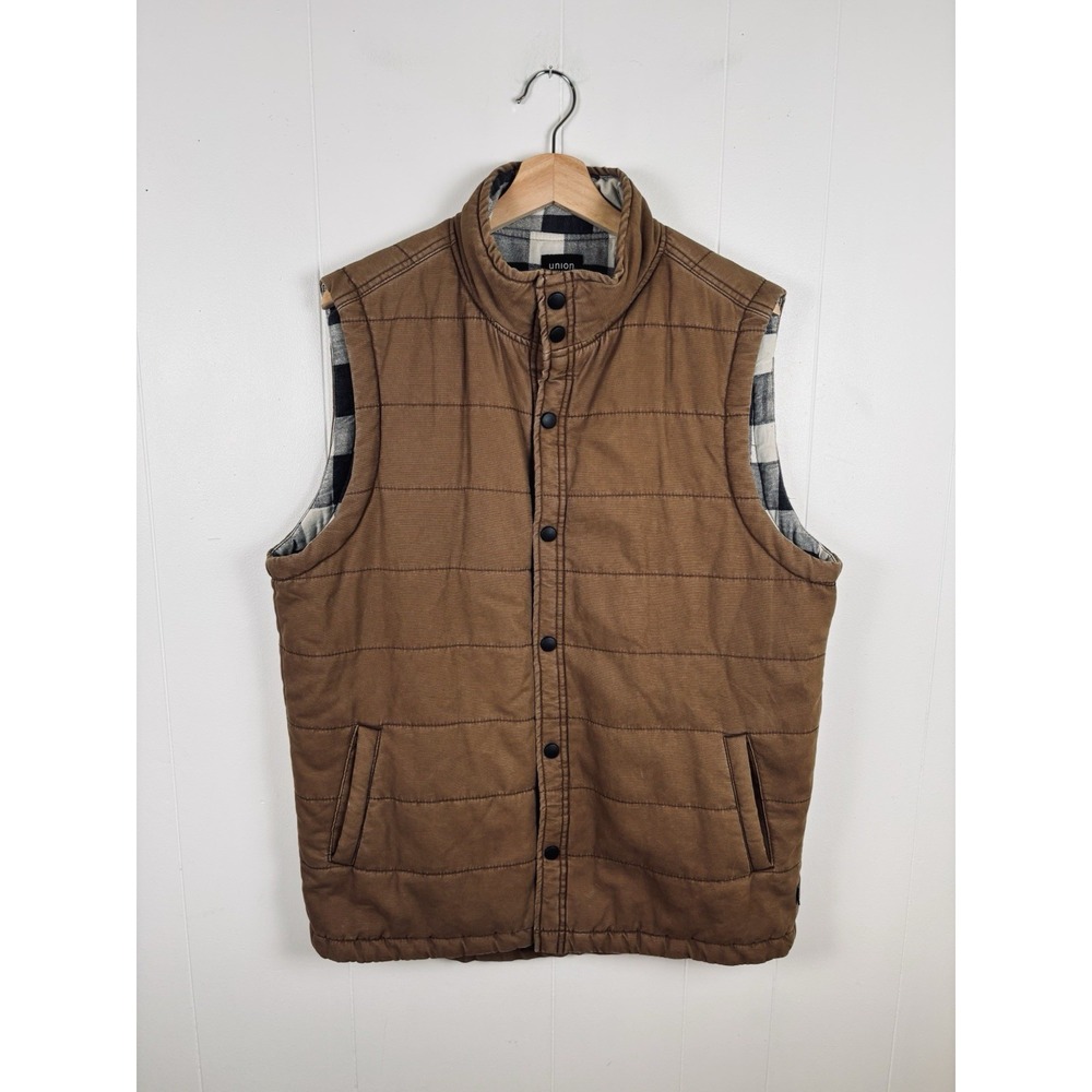 Union SEA/WA Mens Large Brown Canvas Quilted Vest Cotton Flannel Lined Snap